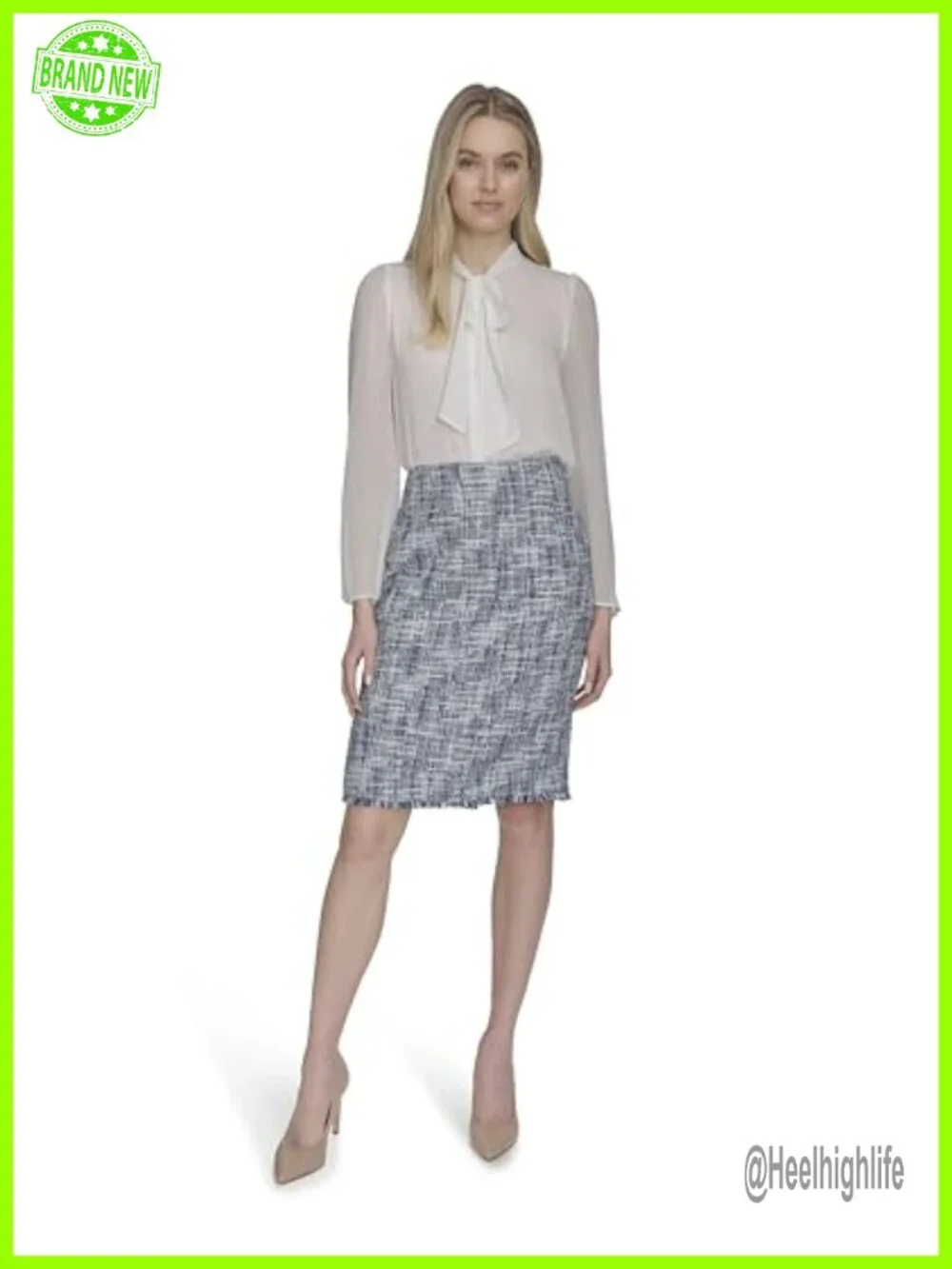 Tweed Pencil Skirt, Knee Length, Business Casual, Button Closure, Dry Clean Only